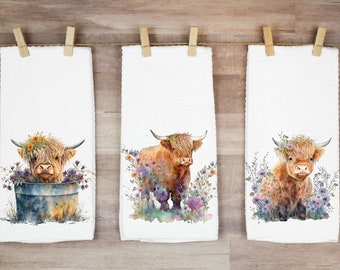 Watercolor Floral Highland CowTowels, Highland Cow Towels, Farmhouse Kitchen Decor, Highland Cow Decor, Cow Kitchen Towel