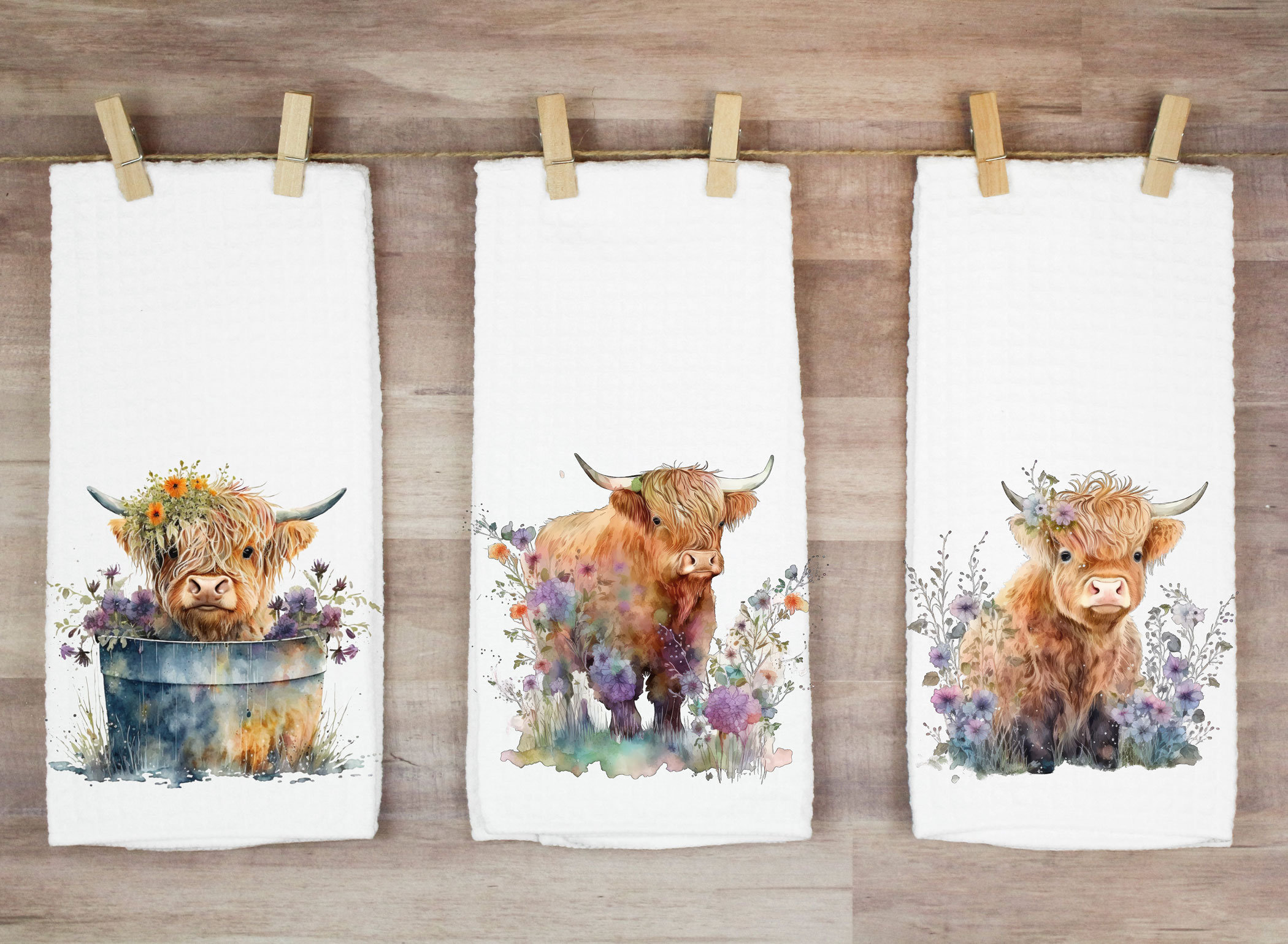 Funny farm animals highland cow with glasses novelty cotton tea towel