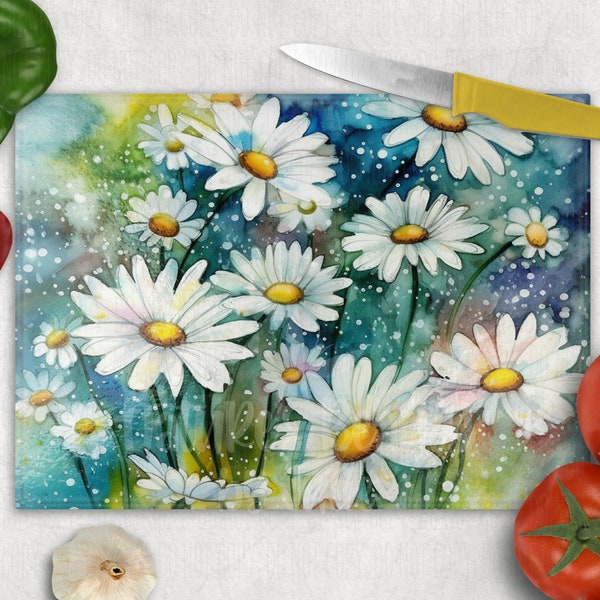 Watercolor Daisies Glass Cutting Board, Daisies  Glass Cutting Board, Floral Summer Kitchen Decor, Daisies Rectangle Glass Cutting board