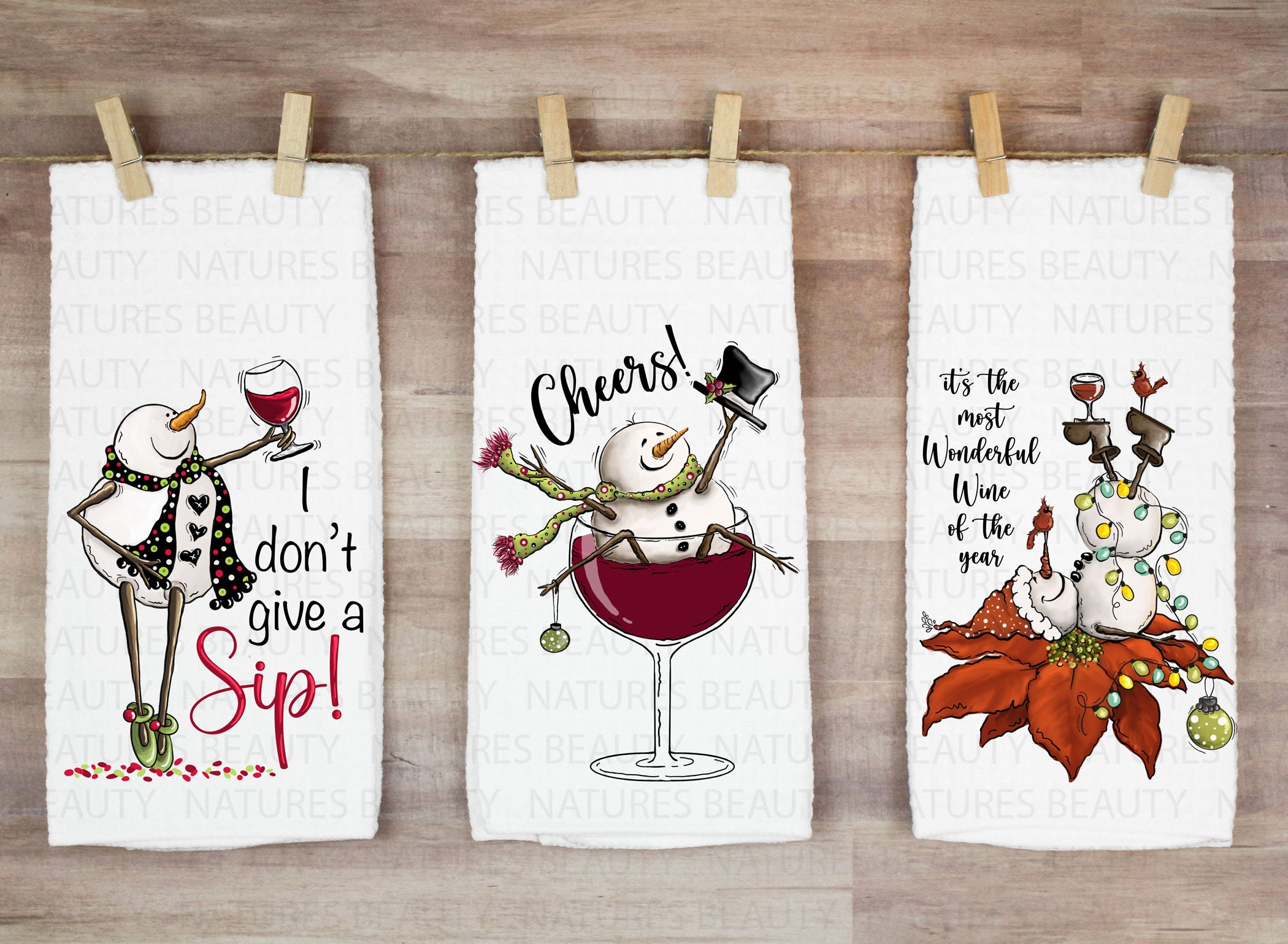 Holiday Christmas Kitchen Towels: Three Assorted Wine Drinking Humor  Including Wine Workout and Wine Superpowers, Flat Weave Towels, 100%  Cotton, Set of 3 