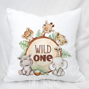 Personalized Safari Wood Slice Pillow Case, Safari Animals Pillow Cover, Wild One Safari Pillow Case, Baby Shower Gift, Safari Nursery Decor