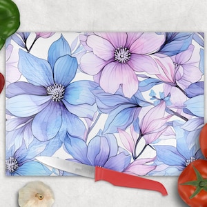 Blue, Purple Pink Abstract Floral Glass Cutting Board, Floral Tempered Glass Cutting Board, Floral  Kitchen Decor