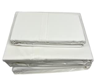 May include: A folded set of white bed sheets. The sheets are neatly stacked, with visible seams and a smooth, clean appearance. The set includes a fitted sheet, a flat sheet, and possibly pillowcases, all in a solid, neutral color.