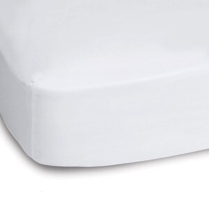 May include: A white fitted sheet, likely for a bed, is shown. The sheet is made of a smooth, opaque fabric. The corners are rounded, and the sheet is neatly folded, suggesting a clean and crisp appearance. The background is a plain white.