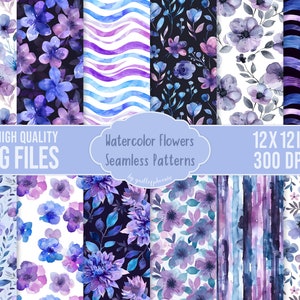 Aquarell Florale nahtlose Muster, lebendige Blumenmuster, dekorative blaue und lila Blumenpapiere, hochwertiges Blumenbild-Bundle