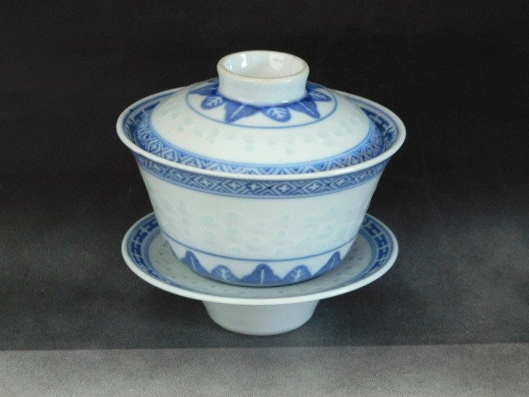 Chinese Gaiwan Jingdezhen Rice Pattern Tea Cup Saucer and Lid Dragon ...