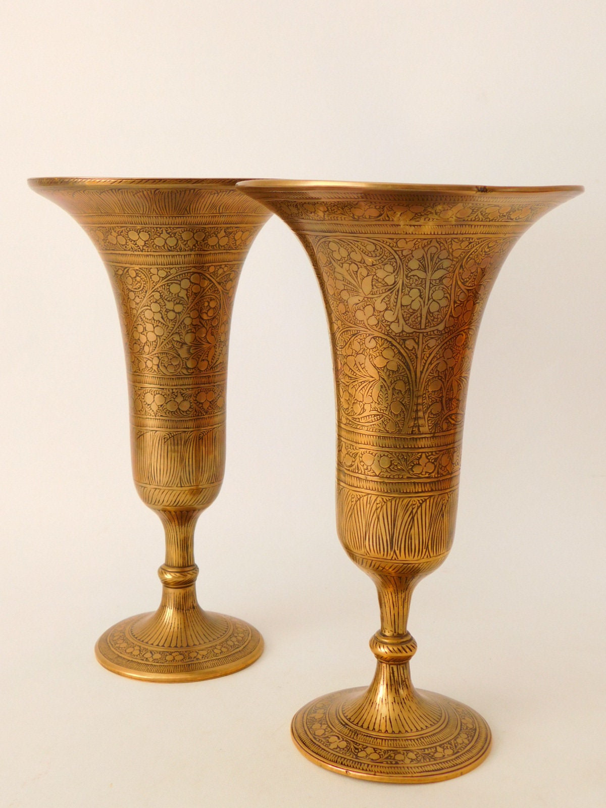 Pair Of Vintage Indian Brass Vases Engraved 8 1 2 Tall Etsy