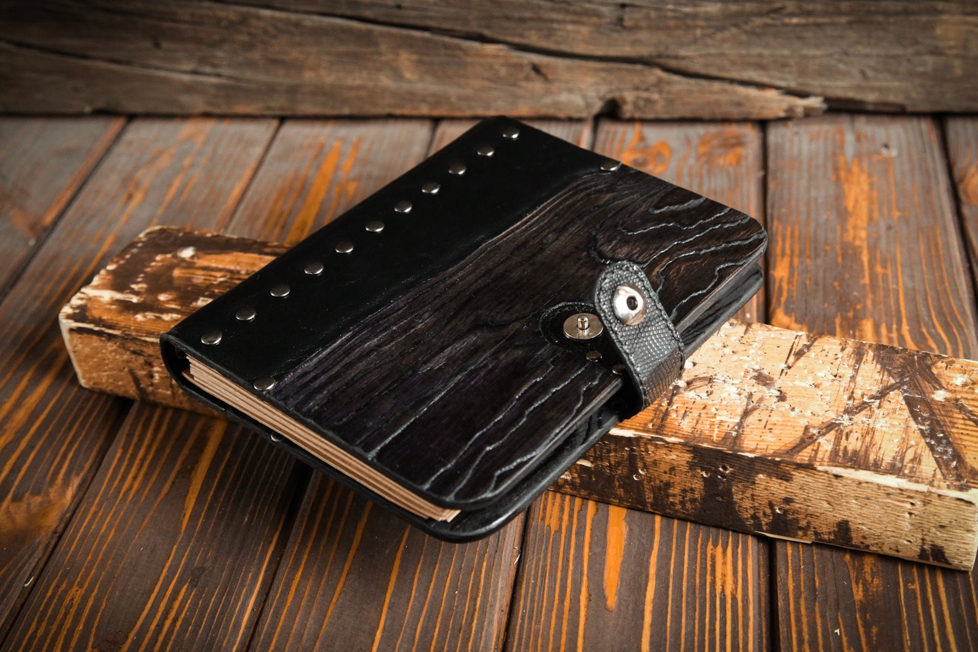 Black leather notebook. Wooden personalized notepad. Junior Etsy