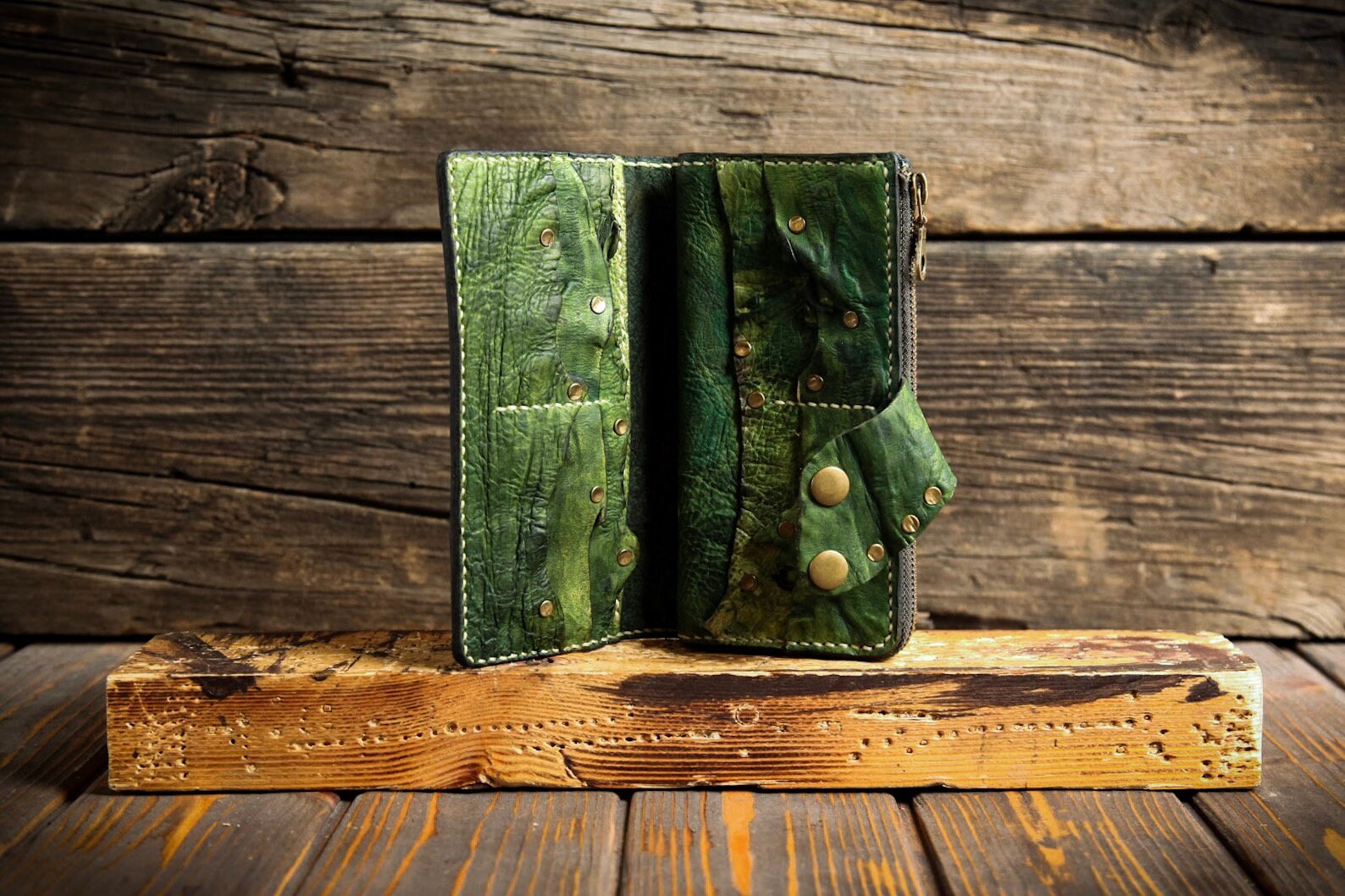 Green leather wallet. Premium zippered wallet Etsy