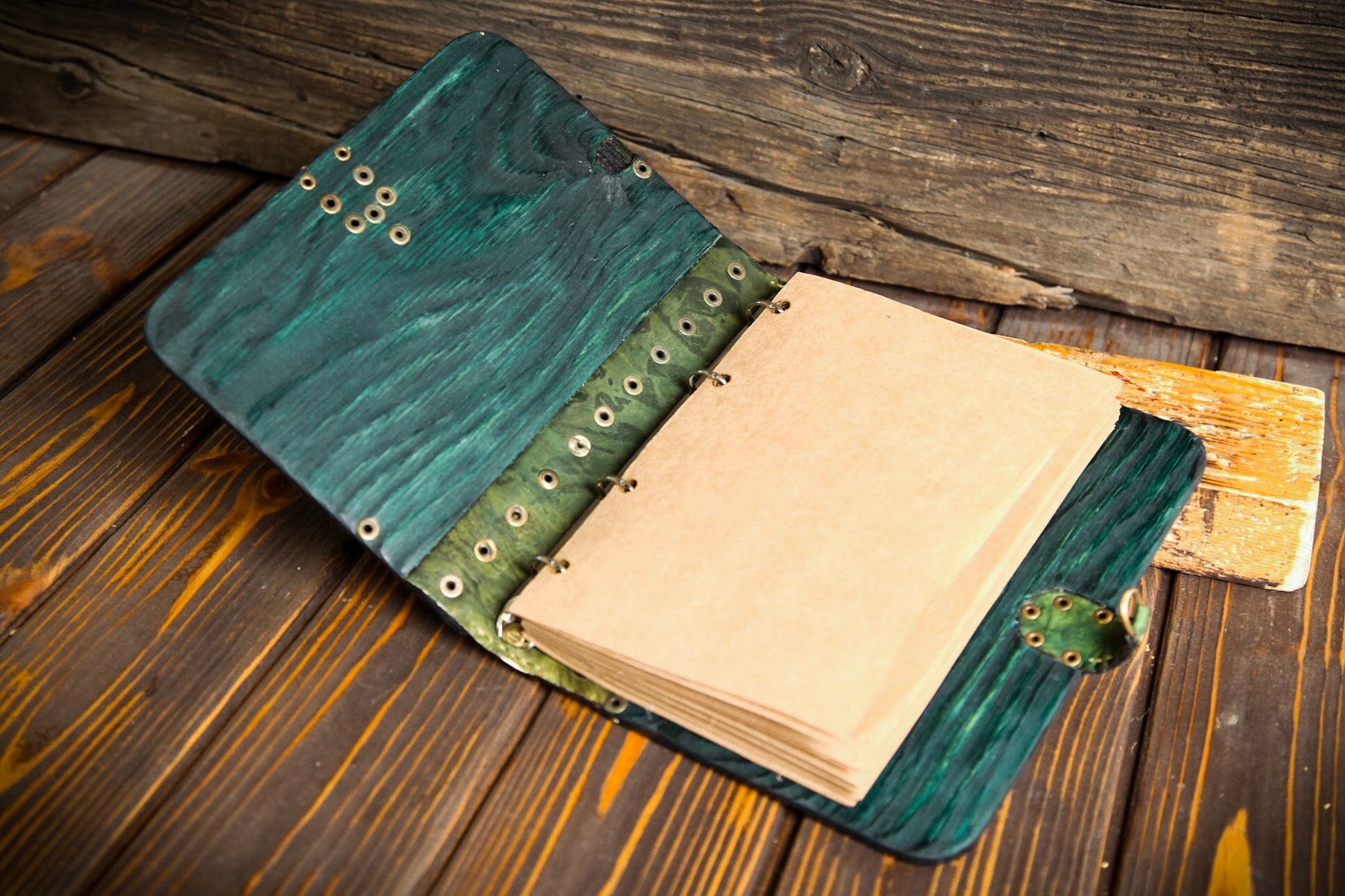Green leather notepad. Vintage wooden notebook. Junior legal Etsy