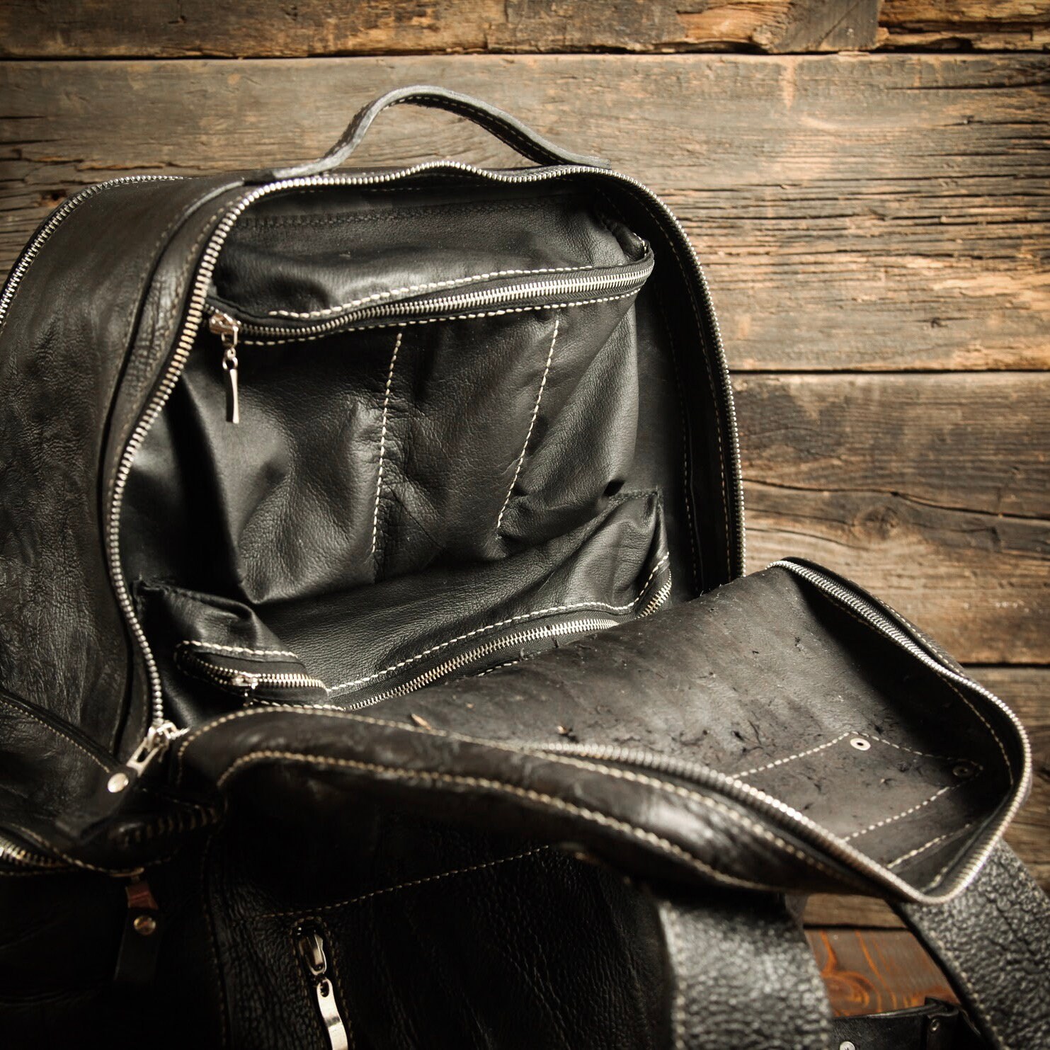 Black big leather backpack. Handmade Etsy
