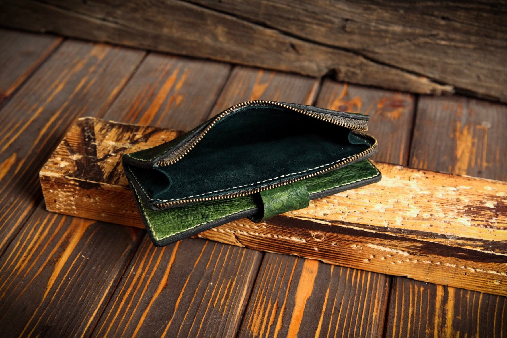 Green leather wallet. Premium zippered wallet Etsy