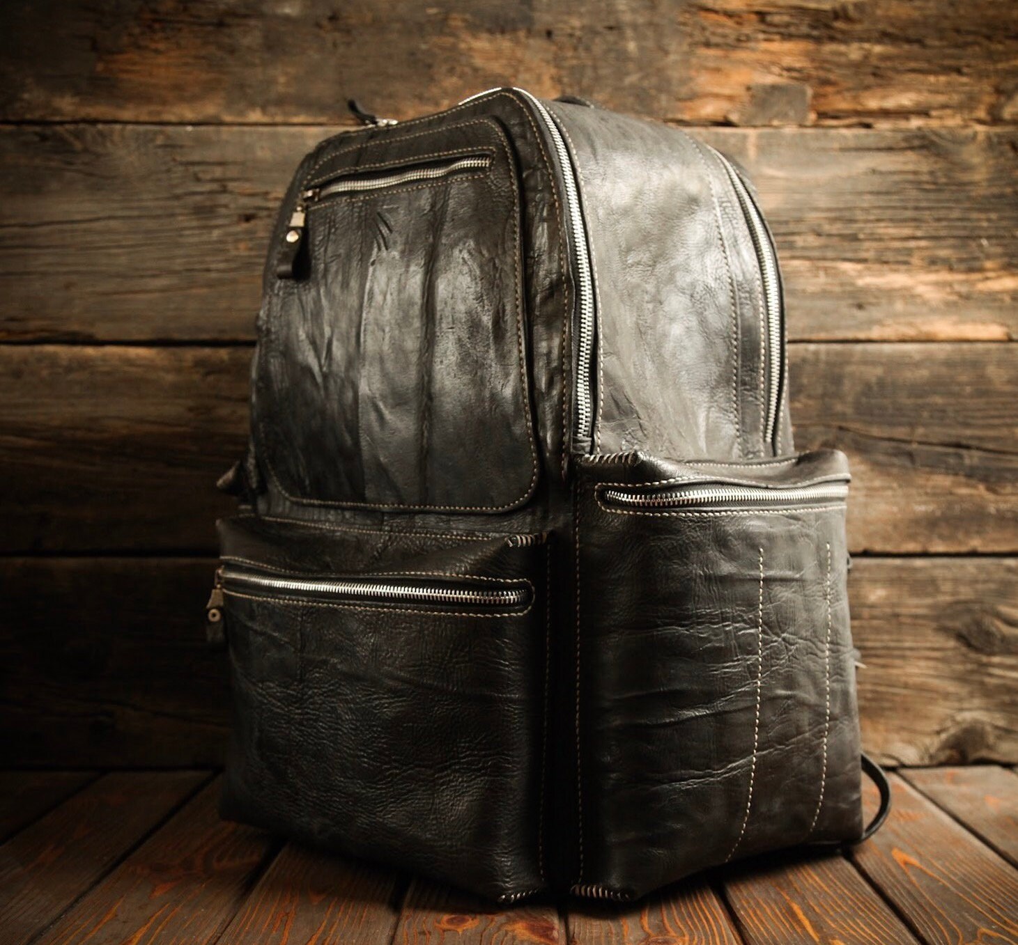 Black big leather backpack. Handmade Etsy