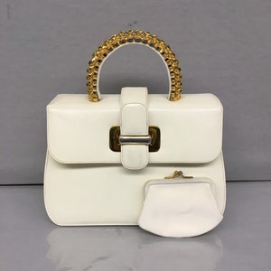 1960er Jahre Vintage NY Designer Frank Milch Creme Lederrahmen Damenhandtasche + Münzbörse, Gold Textur Griff, Pink Faille Futter, 9,5 x 25 cm