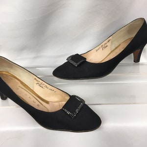 1960s 8.5AA Vintage Black Faille pumps, Marcasite buckle, 2.5" heel height, by Mister J /Joseph Magnin