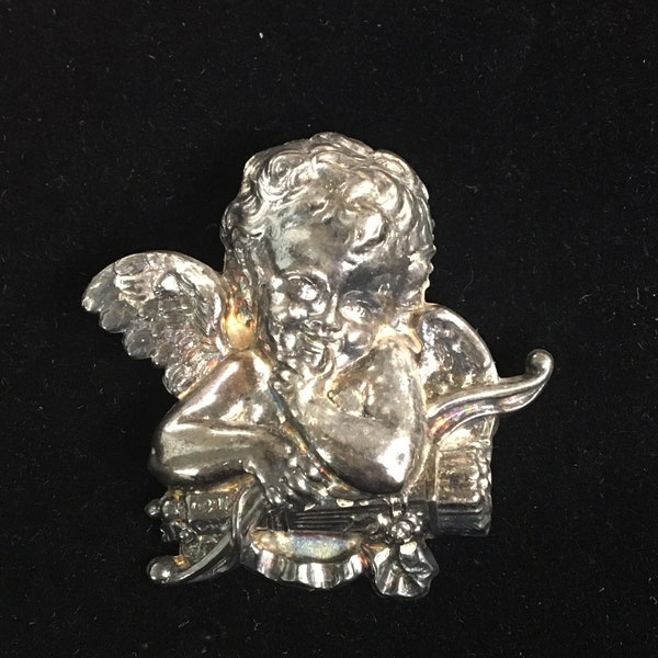 1980s Silver Cupid Brooch with Bow and Quiver Vintage Brooch, Clutch style Lapel Pin by B.A. Ballou, 1.75" Square