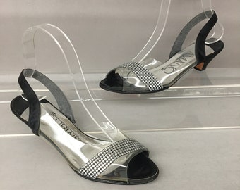 1980s 7 Clear Plastic Rhinestones Black Silver Slingback open-toe shoes by Amano, 2" high heel, US 7, EU 37, UK 5