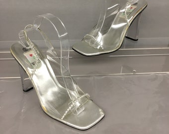 1990s 9 Silver Clear Rhinestone Slingback High Heels by Wild Rose, 4 1/2" Lucite heel, US 9, EU 39, UK 7