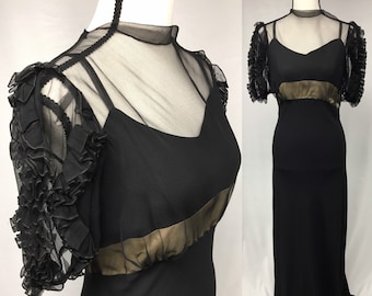 1930s S Black Bias-Cut Crepe gown with Cream Satin inset, Organza bodice, and Ruffled sleeves, Formal Evening Gown