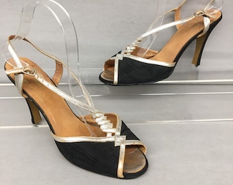 1970s 8 1/2 Black Faille, Silver leather, Strappy Peep toe Disco shoe, Terry de Havilland, London, 4.25" high heels, US 8.5, EU 38.5, UK 6.5