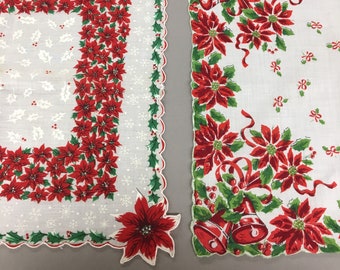 1960s 2 Poinsettia Printed Cotton handkerchiefs, Ladies Vintage Christmas Holiday Season Accessory