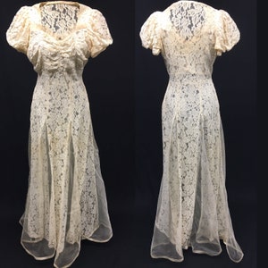 1930s XS Natural Raschel  Lace Wedding Gown with Netting Godets and Puff sleeves, AS Is restoration project