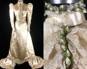 1890s XS Historical Wedding Bridal Gown, Bodice / Skirt, Champagne Duchess Silk Satin, Long Sleeves, Hi Neck, Train
