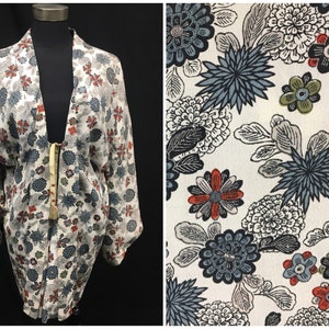 1950s L Haori Jacket, Vintage Japanese Short Robe, Vintage Crepe Rust Cream Blue Floral Print, Himo Ties, AS IS worn condition
