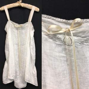 1920s XXL Egyptian Revival White Lace / Cotton Chemise Slip, Step In Vintage Onesie Romper, Winged scarab embroidery, NY boutique Jay Thorpe