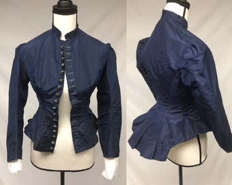 1890s XXS Navy Silk Button Down Bodice, Pleated Peplum for Bustle, Puff sleeves, Glass buttons, Historical costuming, FOR STUDY