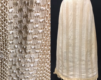 1880s XS Tan Silk Pongee and Open weave floor length Bustle Skirt with pocket, Historical costuming, 26" waist