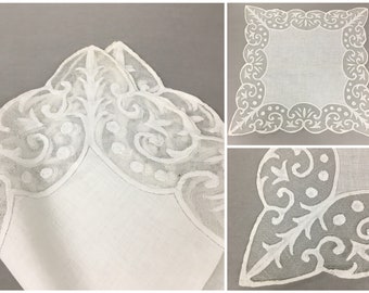 Vintage handmade bridal hanky, White cotton fancy scrollwork applique on netting, 15.5" square