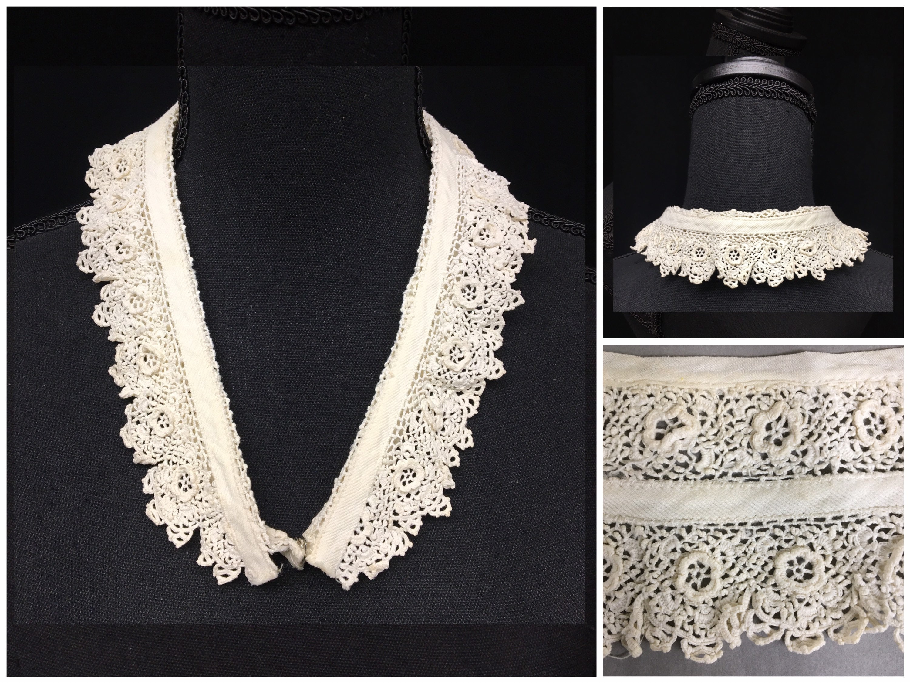 1900s Ecru Cotton Irish Crochet Lace and Twill Fold-over Peter Pan collar, Removable with snap closure, 10" x 2.5"