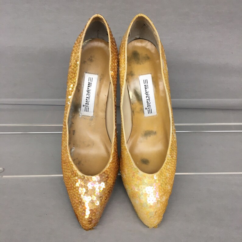 1980s 7M Vintage Maserati Yellow Satin Sequin Classic Pumps, NiB, 3.5 stiletto high heels, US 7, EU 37, UK 5 image 5