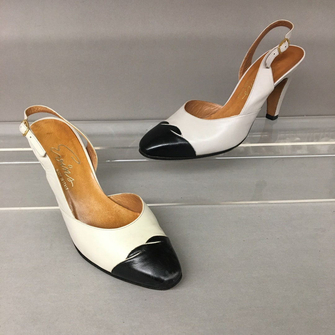 1980s 7B Evins Black Beige Leather Spectator Slingback Heels, Made