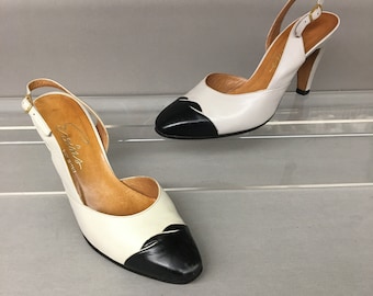 1980s 7B Evins Black Beige Leather Spectator Slingback Heels, Made in Italy, 3.5" high heel, US 7, EU 37, UK 5