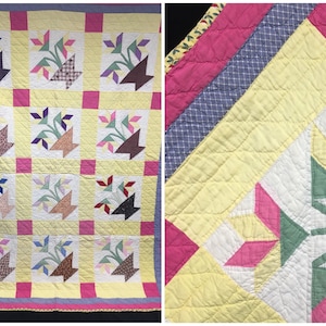 1930s-80s Vintage Patchwork Quilt, 12 Originele Mand van Lelies Blokken w / Feed Sack Print, Sjerpen randen later, Alle hand gewatteerd, 81 &quot;x 66&quot;