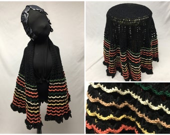 1970s Vintage Crochet Circular Tablecloth in black and fall color yarns, doubles as a shawl, 62" diameter
