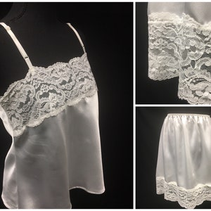 1980s M/L White Satin & Lace Matching Camisole and mini skirt, Ms. Leslee Vintage lingerie set, 36&quot; Bust, 30&quot; Waist