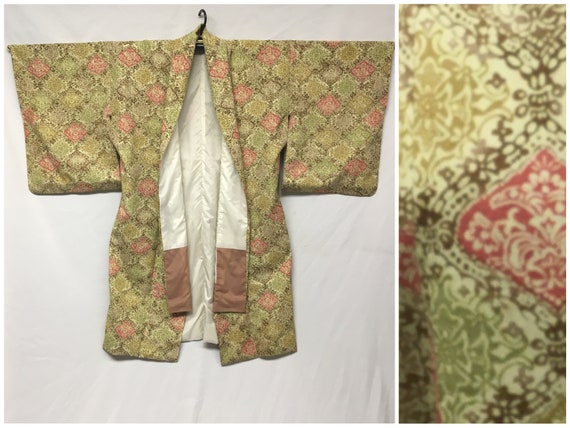 60s L Vintage Haori Kimono Robe, Yellow Pink Pais… - image 1