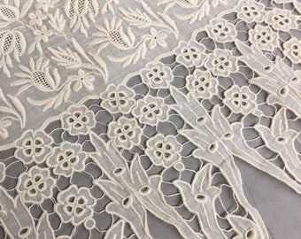 1910s Beige Cotton Fabric Eyelet Cutwork Embroidery single edge Border, Art Nouveau Floral motifs, Edwardian Antique dressmaker textile