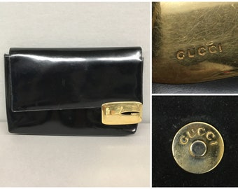 1990s Gucci Black Patent Leather Clutch Purse, minimalist handbag, Large Gold G designer logo, vintage Ladies Handbag, 11" x 7.5"