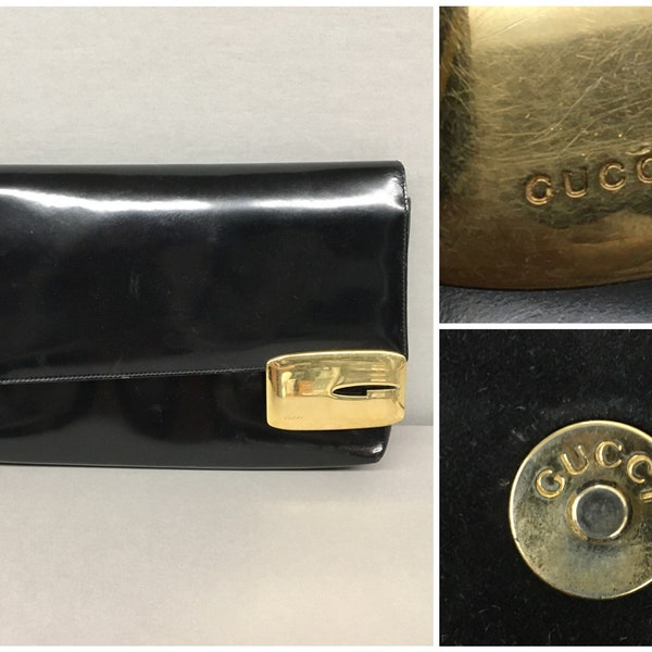 1990s Gucci Black Patent Leather Clutch Purse, minimalist handbag, Large Gold G designer logo, vintage Ladies Handbag, 11" x 7.5"