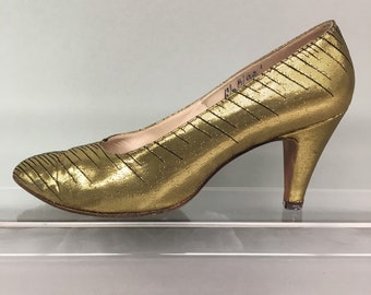 1960 年代 6.5 ゴールド ブラック ルレックス クラシック ポインテッド トゥ パンプス、3 インチ ハイヒール、ヴィンテージ D'Antonio New York、US 6.5、EU 36.5、UK 4.5