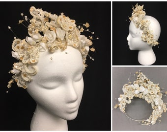 80s Dramatic Vintage Beaded Floral Applique Wedding Tiara, Beaded Bridal Headdress, Sequins, Pearl spray, silk flowers, Titania fairy crown