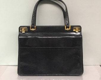 1990s L Embossed Lizard Black Leather Top Handle Structured Handbag, Gold accents, Leather School Florence Italy, Initials B.S.