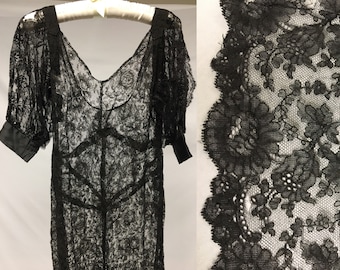 1929 Black Chantilly lace formal gown, Split short sleeves trimmed w black satin, FOR STUDY or display, with note from original owner