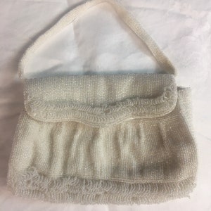 1950s beaded white satin evening handbag, Iridescent rainbow clear beads, made in Japan by Magid image 3