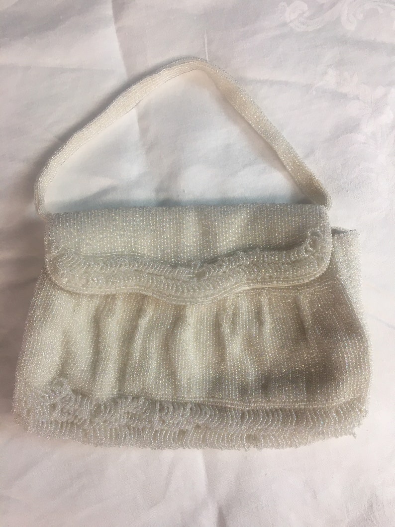 1950s beaded white satin evening handbag, Iridescent rainbow clear beads, made in Japan by Magid image 3