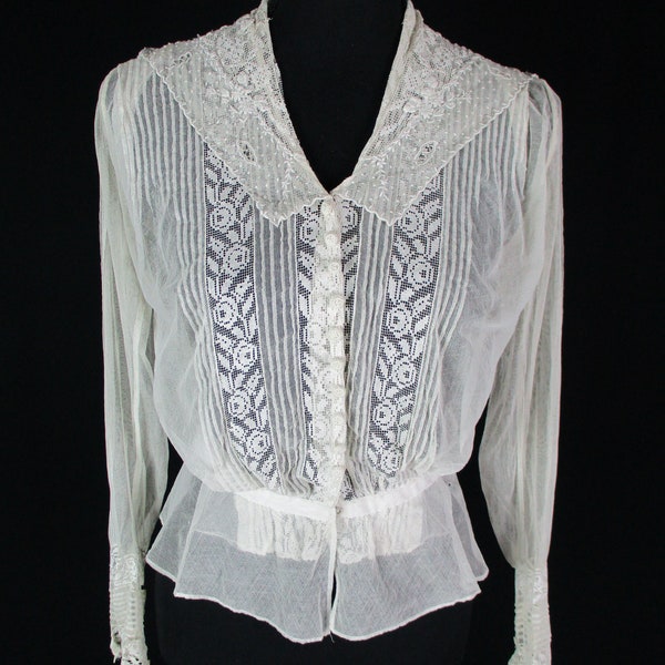 1910s XS Beige Edwardian Cotton Net blouse, Filet lace, vertical pintucks, Embroidered collar, Historical costuming